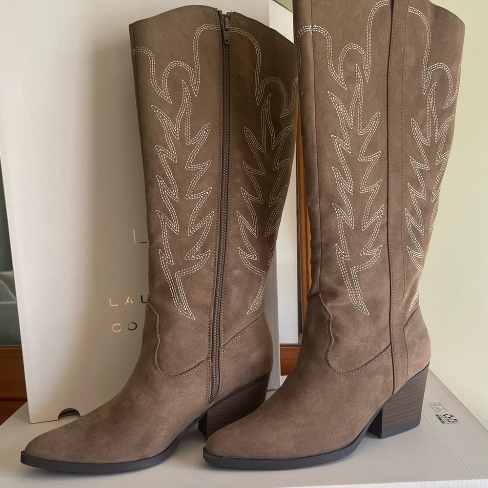 Brown Western Knee-High Suede Boots